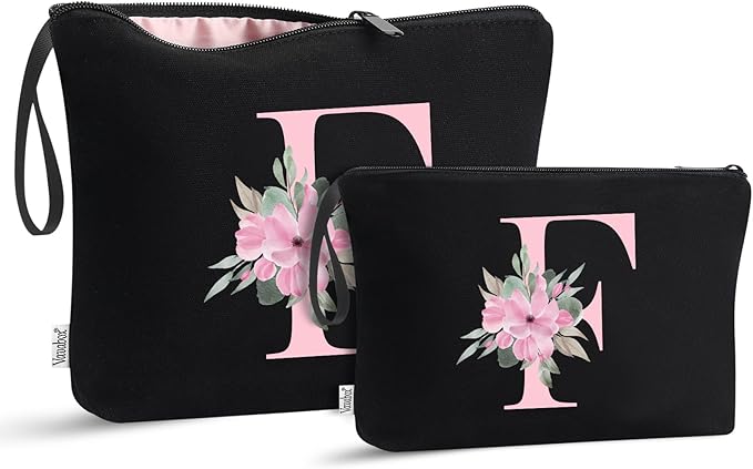 Vavabox A-Z Personalized Makeup Bag, Birthday Gifts for Women Mom, Gifts for Best Friend, Bride Bridesmaid Cosmetic bag (F, 04-Black Set)