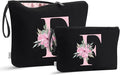 Vavabox A-Z Personalized Makeup Bag, Birthday Gifts for Women Mom, Gifts for Best Friend, Bride Bridesmaid Cosmetic bag (F, 04-Black Set)