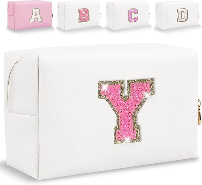 Small Personalized Glitter Initial Letter Makeup Bag, Cute PU Leather Chenille Letters Cosmetic Bag Travel Makeup Pouch, Preppy Travel Organizer Zipper Pouch for Women&Girls（WhiteRosePink-Y）