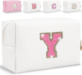 Small Personalized Glitter Initial Letter Makeup Bag, Cute PU Leather Chenille Letters Cosmetic Bag Travel Makeup Pouch, Preppy Travel Organizer Zipper Pouch for Women&Girls（WhiteRosePink-Y）