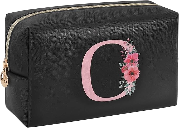 Personalized Initial Makeup Bag, Birthday Gifts for Women and Girls, Small Makeup Pouch Travel Toiletry Bag, Make Up Organizer Bag Gift Trendy Stuff for Friend Mom Teacher, Black