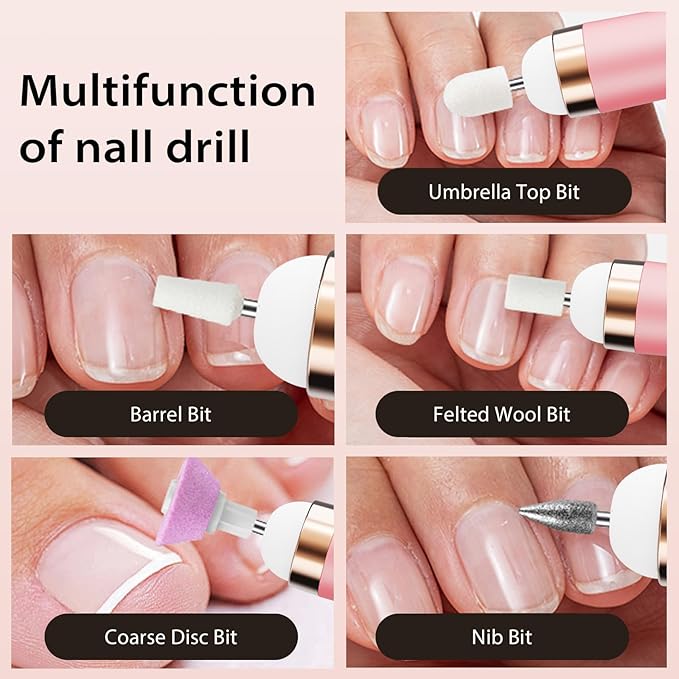 Portable Electric Nail Drill with LED Light, Gentle Power Beginner-Friendly Nail Grinder for Dead Skin Removal and Polishing, Cordless Manicure Pedicure Tool with Accessories Kit for Home Use (Pink)