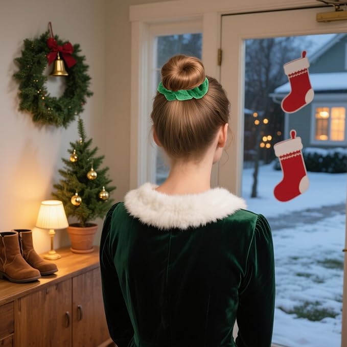 Christmas Hair Scrunchies, 6Pcs Reindeer Antler Hair Ties Velvet Scrunchies Elastic Christmas Ponytail Holder Red Green Brown Hair Ties for Women Girls Xmas Accessories