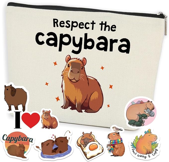 Funny Capybara Makeup Bag Capybara Gifts Cosmetic Bag with 8 PCs Stickers Animal Lover Gifts for Women Girls Daughter Best Friends Sisters Capybara Stuff Graduation Birthday Gifts Travel Toiletry Bag