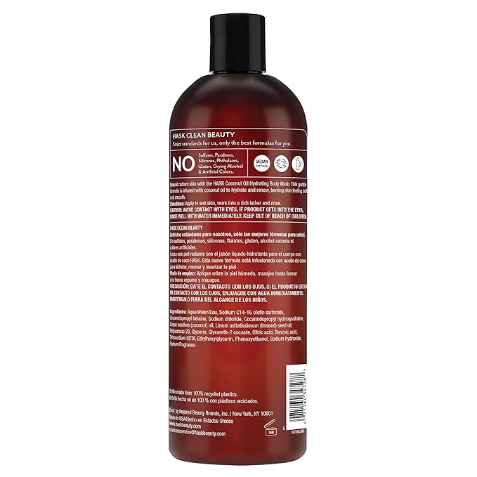 HASK Coconut Oil Nourishing Body Wash | Hydrates & Softens Skin, Vegan, pH-Balanced, Free of Sulfates, Parabens, Gluten, & Cruelty-Free