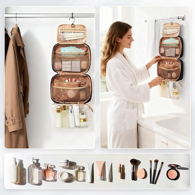 Travel Toiletry Bag For Women Small Hanging Toiletry Travel Makeup Bag lightweight Water-Resistant Toiletries Organizer case portable Cosmetic Bags For Women Black