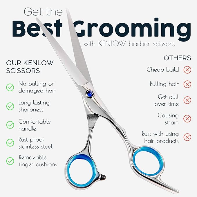 Hair Cutting Scissors, KENLOW Professional Hair Scissors With Comfortable Removable Finger Grips. Perfect As Hair Shears For Hair Cutting Or Barber Scissors. Haircut Scissors For Salon Or Home Use.