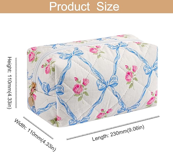 Makeup Bag Travel Cosmetic Bag for Women Girls, Zipper Make Up Pouch, Floral Flowers Toiletry Organizer Makeup, Portable Storage Bag, Cosmetic Travel Cloth Bag (Pink Bowknot+Blue Bowknot)