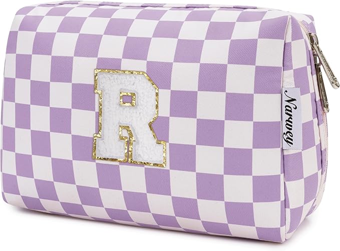 Narwey Birthday Gifts for Women Teen Girls Kids Personalized Initial Makeup Bag Monogram Preppy Cosmetic Bag Trendy Stuff 6 8 10 11 12 13 14 16 18 Years Old Travel Toiletry Bag (Purple Letter R)