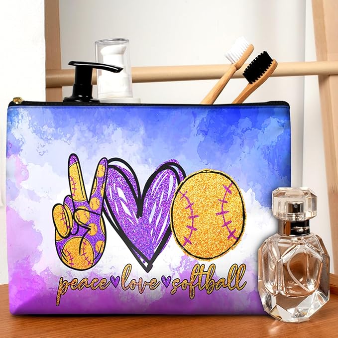 Cute Makeup Bag for Purse Waterproof Cosmetic Bags for Women Funny Smooth Zipper Travel Toiletry Pouch 10X8 Inches-Peace Love Softball Makeup pouch