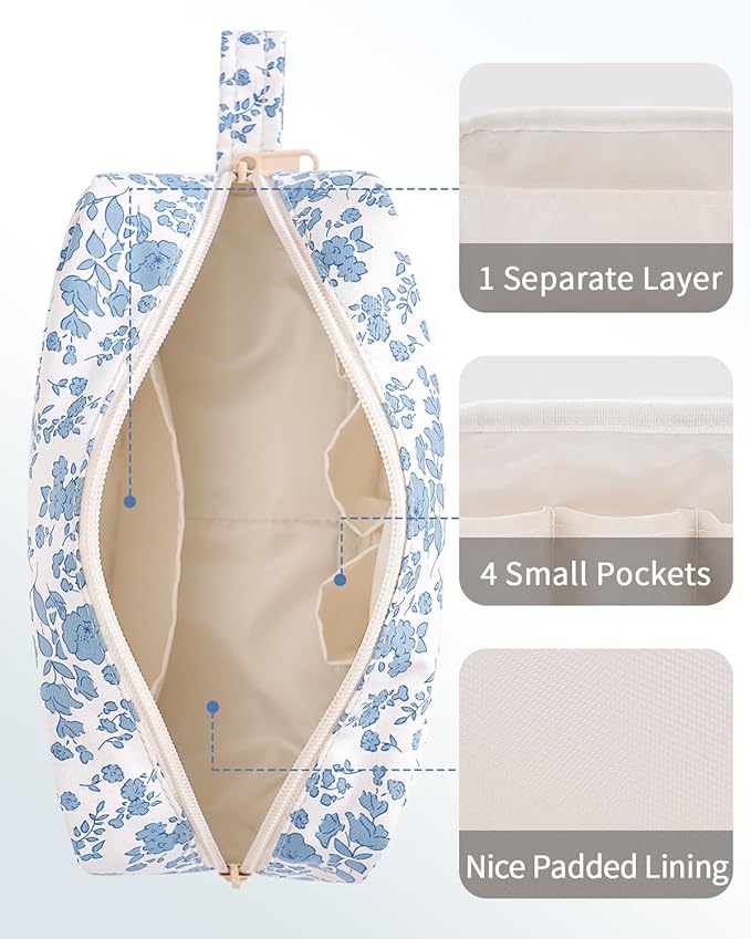 Narwey Cute Makeup Bag Small Toiletry Bag Travel Cosmetic Bag Organizer Make Up Bags with Organized Pockets for Women (Little Blue Flower, Large)