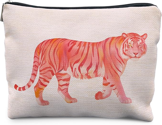 Preppy Tiger Makeup Bag, Trendy Pink and Orange Tiger Cosmetic Bags for Women, Tigers Gifts Makeup Pouch, Animal Lovers Gift Zipper Pouch
