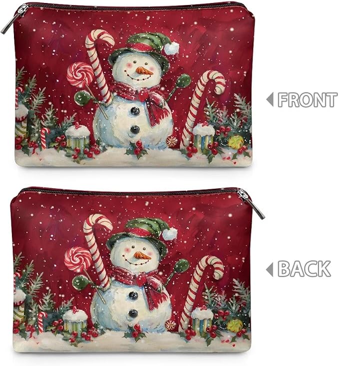 COEQINE Christmas Snowman Candy Make Up Pouches for Women Leather Organizer Cosmetic Bags Waterproof Vegan Leather Toiletry Bags Travel Essentials Pouch Mini Wallet Clutch Handbags