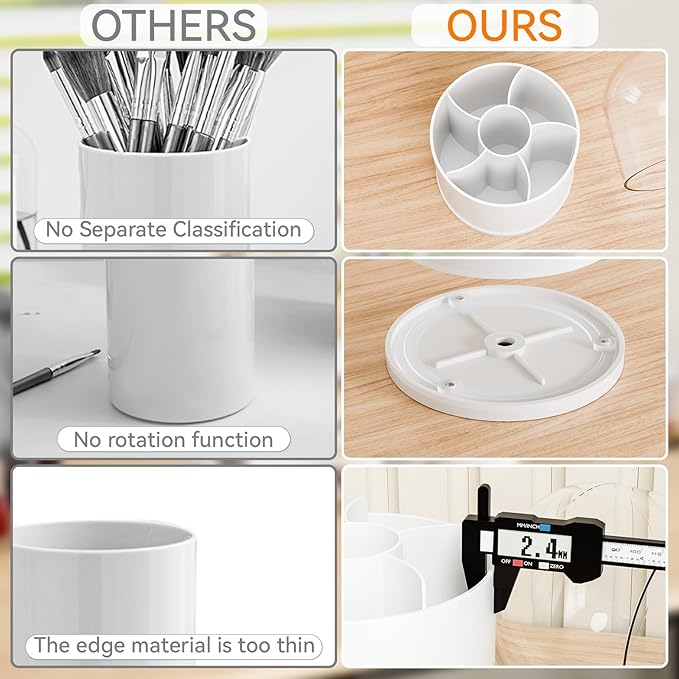 Yieach Rotating Acrylic Makeup Brush Holder with Lid for Vanity,Bathroom,Countertop,Covered Makeup Brushes Organizer,Round Spinning Cosmetic Brushes Holder and Make up Brush Storage with Cover,White