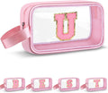 Initial Makeup Bag,Letter U Cute Clear Monogrammed Cosmetic Travel Bag for Womens Girls,Personalized Pink Aesthetic Traveling Make Up Organizer Bag for Beach,Waterproof Toiletry Bag