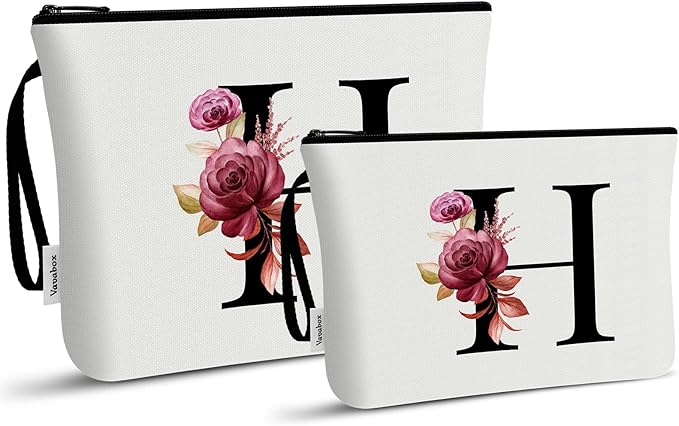 Vavabox A-Z Personalized Makeup Bag, Birthday Gifts for Women Mom, Gifts for Best Friend, Bride Bridesmaid Cosmetic bag (H, 03-White Set)