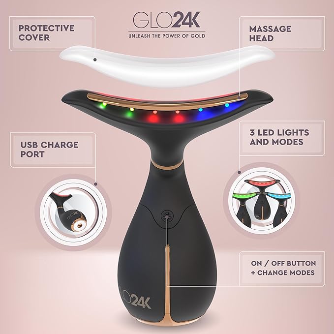 GLO24K Red Light Face & Neck Beauty Device – 3-in-1 Facial Massager Tool with LED & Vibration for Skin Revitalization and Neck Firming