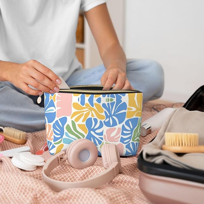 Womens Leather Makeup Bag Cosmetic Bag Travel Toiletry Bags Make Up Bags for Women Adult (Boho-Coral 1)