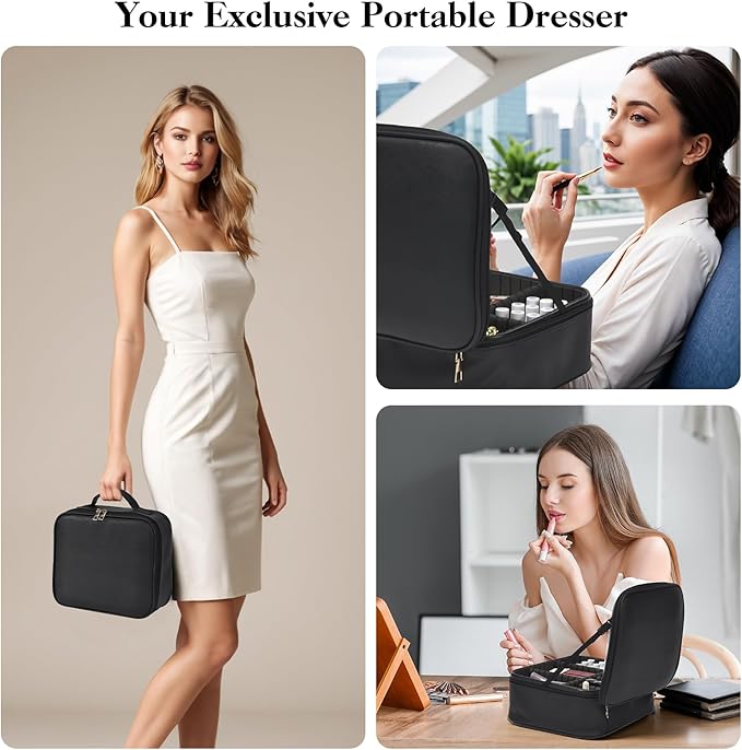 Travel Makeup Bag With LED Mirror,Cosmetic Train Case with 3 Color Setting,Cosmetic Makeup Organizer Bag with Adjustable Dividers,Portable Make up Box with Make up Brushes Holder Storage（Black）