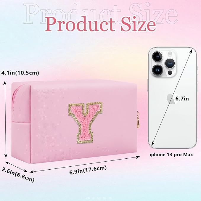Small Personalized Glitter Initial Letter Makeup Bag, Cute PU Leather Chenille Letters Cosmetic Bag Travel Makeup Pouch, Preppy Travel Organizer Zipper Pouch for Women&Girls（PinkPink-Y）