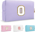 Small Initial Preppy Patch Makeup Bag, Personalized Purple Cute Cosmetic Zipper Pouch Toiletry Bags for Traveling, Waterproof Chenille Letter Make Up Storage Bags Travel Essentials for Women(Letter O)