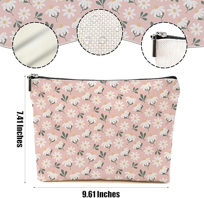 Vintage Daisy Flowers Makeup Bag Floral Cosmetic Bag Friend Friendship Gifts for Women Girls Sister Coworker Auntie Botanical Travel Organizer Zipper Pouch Christmas Thanksgiving Birthday Gifts