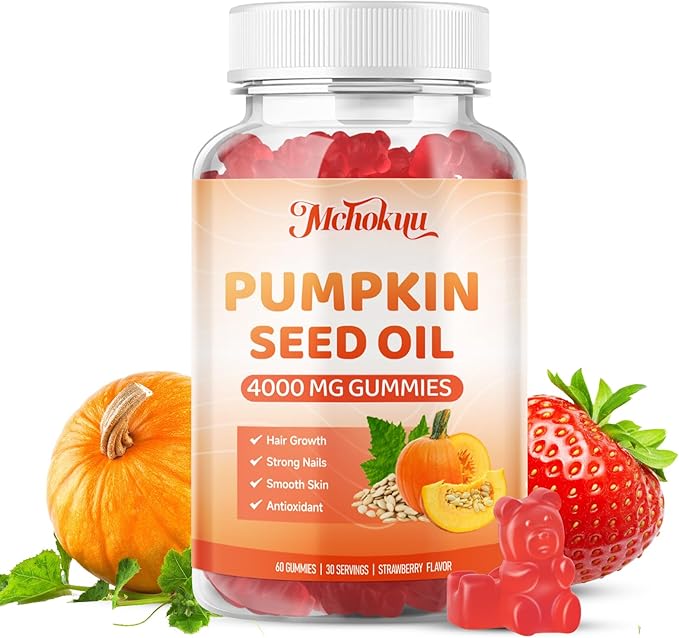 Pumpkin Seed Oil Supplement Gummies 4000mg with Saw Palmetto for Hair Growth & Skin Health, High Pure Extract for Women & Men Extra Strength Pumpkin Seed, Strawberry Flavor, 120 Count