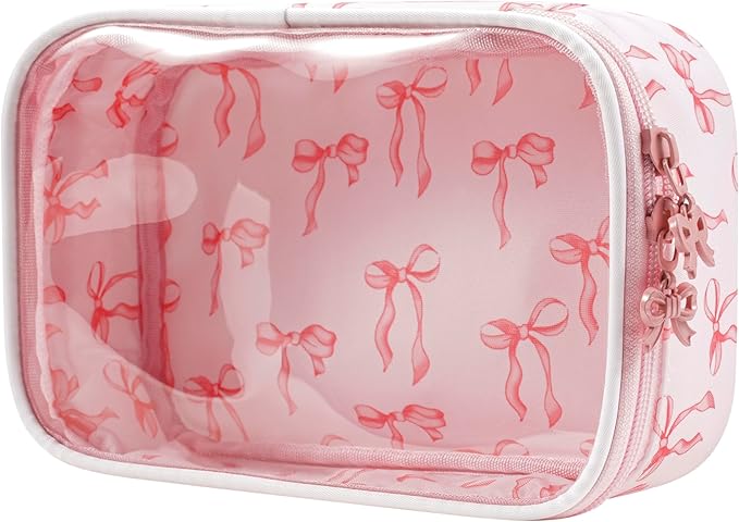 Cute Clear Makeup Bag with Bow Patten,Transparent Nylon Travel Cosmetic Case with Zipper,Portable Makeup Organizer Pouch for Essentials(05Pinkbow-white)