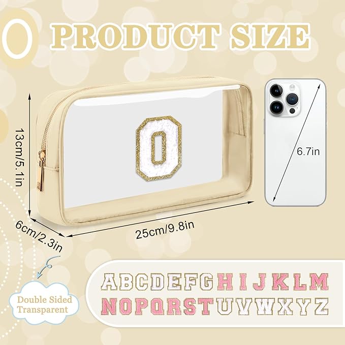 Small Clear Personalized Initial Makeup Bag, Preppy Nylon A-Z Chenille Letter Patch Makeup Organizer TSA Approved Travel Toiletry Bag,Waterproof Zip Beach Cosmetic Pouch Purse for Women(Beige-White O)