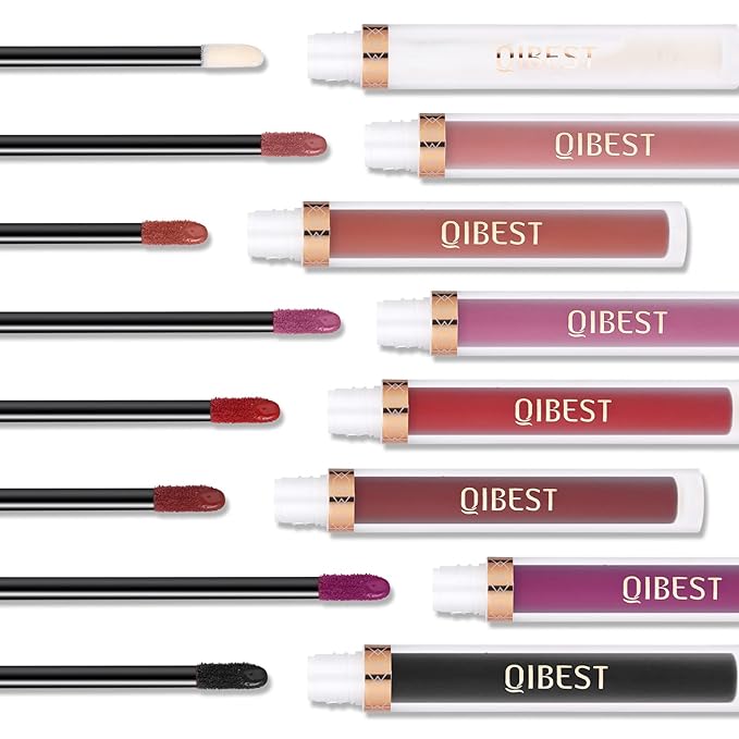 QiBest 7Pcs Matte Liquid Lipstick wiith 1Pc Lip Plumper Makeup Set, Dark Black Purple Lipstick Goth Halloween Lip Set Waterproof Lip Gloss Kit Pigmented Long Lasting Lipstick Makeup for Women & Girls