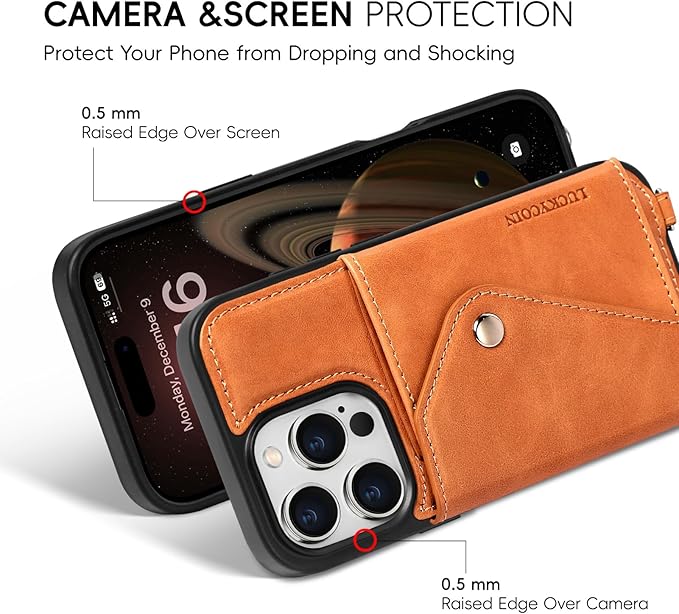LUCKYCOIN Crossbody Wallet Phone Case for iPhone 16 Pro,100% Genuine Leather Wallet Phone Case with Expandable Flip Card Holder,Phone Purse for Women with Adjustable Removable Strap - Tan