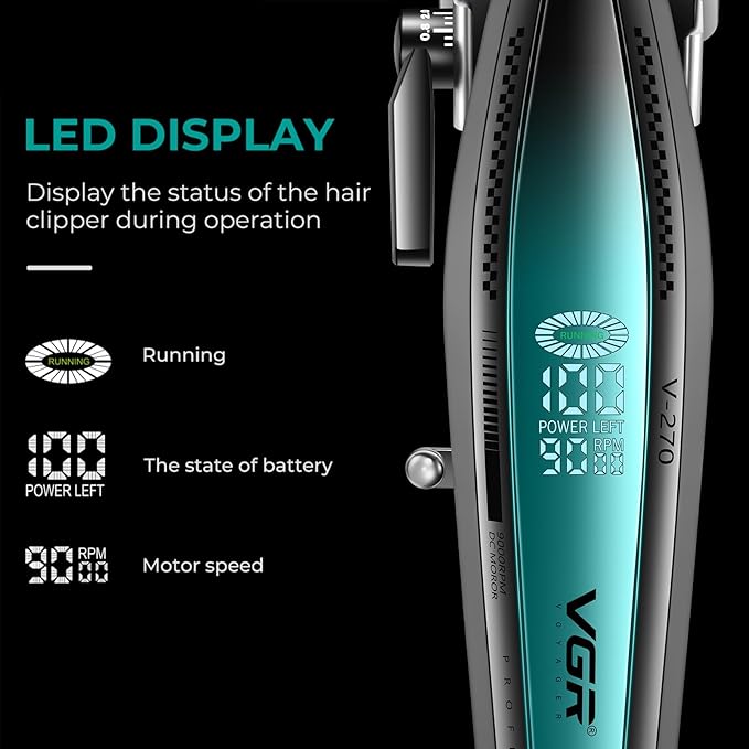 VGR 270 Hair Clippers for Men Professional, Low Noise Cordless High Speed 9000 RPM Fresh Fade Ceramic Blade Barber Clippers, Hair Cutting Kit with 6 Guide Combs, USB Charging Base, LED Display