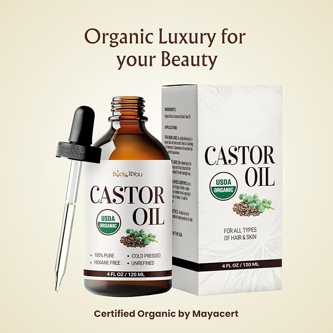 BodyJ4You Organic Castor Oil - 100% Pure Natural Cold Pressed USDA Certified Organic - Hexane Free Unrefined Non GMO - Lashes & Eyebrow Kit Mascara Tube Brush Wand Hydrating Oil - Glass Bottle 4oz
