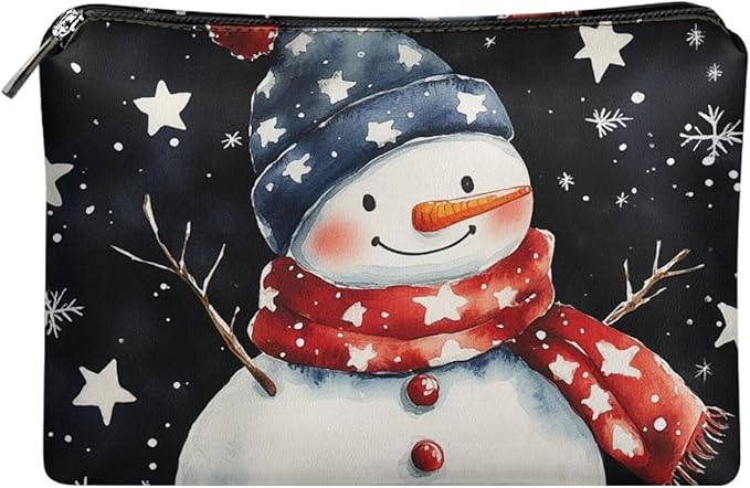 COEQINE Christmas Makeup Pouch for Purses for Women Leather Snowman Black Stars Mini Cosmetics Bag Cute Cosmetic Pouch for Women with Zipper Pen Pencil Toiletry Pouch for Birthday Xmas Gift