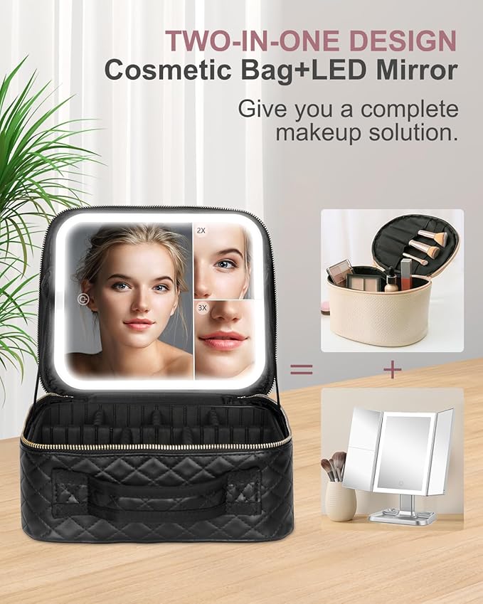 Makeup Bag with LED Lighted Mirror| Portable Makeup Organizer Train Case with 2X/3X Magnification & 3 Color Lights for Precision, Adjustable Brightness| Elegant Gift Packaging, Gift for Women, Black