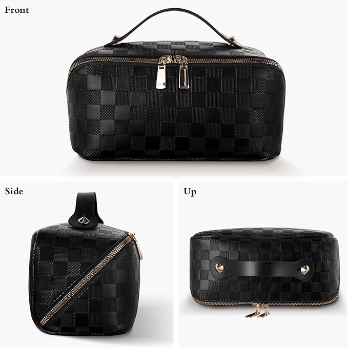 Abiudeng Travel Makeup Bag,Large Capacity Toiletry Bag Cosmetic Bags for Travel Essentials,Waterproof Portable Pouch Open Flat Makeup bag Organizer with Divider and Handle(Checkered-Black)