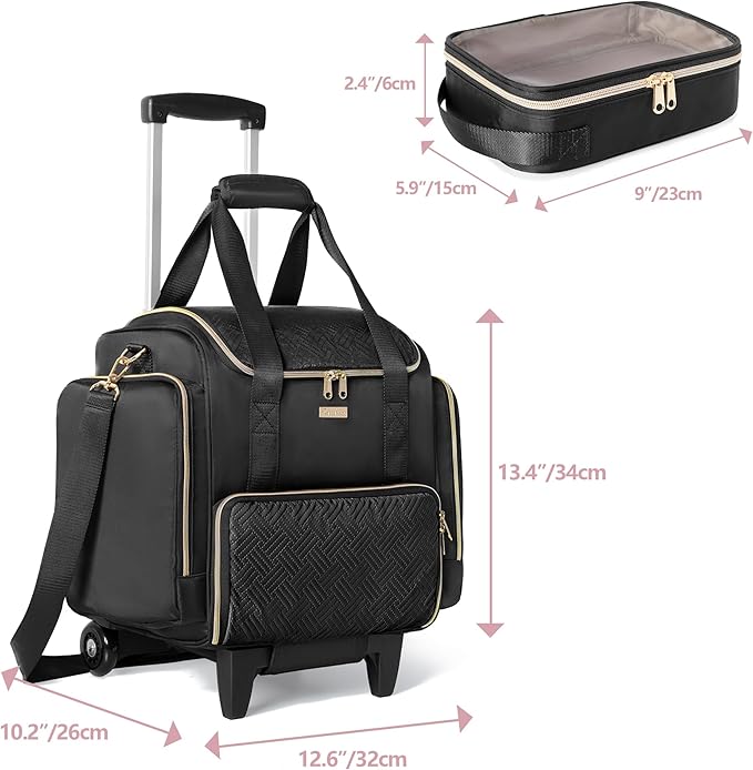 Rolling Makeup Case with 4 Removable Bags, Professional Makeup Train Case with Wheels, Makeup Artist Travel Bag with Brushes Storage Section, Black (Patent Design)