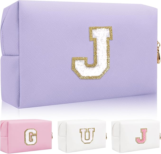 Personalized Initial Letter Patch Makeup Bag, Preppy Small Chenille Cosmetic Bag with Zipper, PU Leather Waterproof Travel Toiletry Bag Monogram Make Up Pouch for Women Girls