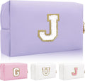 Personalized Initial Letter Patch Makeup Bag, Preppy Small Chenille Cosmetic Bag with Zipper, PU Leather Waterproof Travel Toiletry Bag Monogram Make Up Pouch for Women Girls