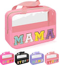 Iqimott Chenille Letter Patch Mama Bag, Preppy Clear Makeup Cosmetic Bag Large Toiletry Storage Tote Bag with Handle, Transparent Nylon Waterproof Organizer Zipper Pouch for Travel Women Girls(Pink)
