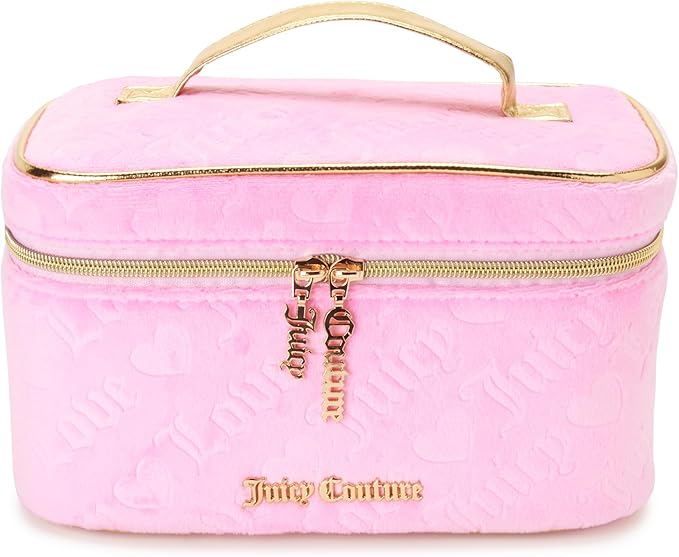 Juicy Couture Pink Makeup Bag Cosmetics Organizer Travel Essentials Train Case Velour Heart Logo