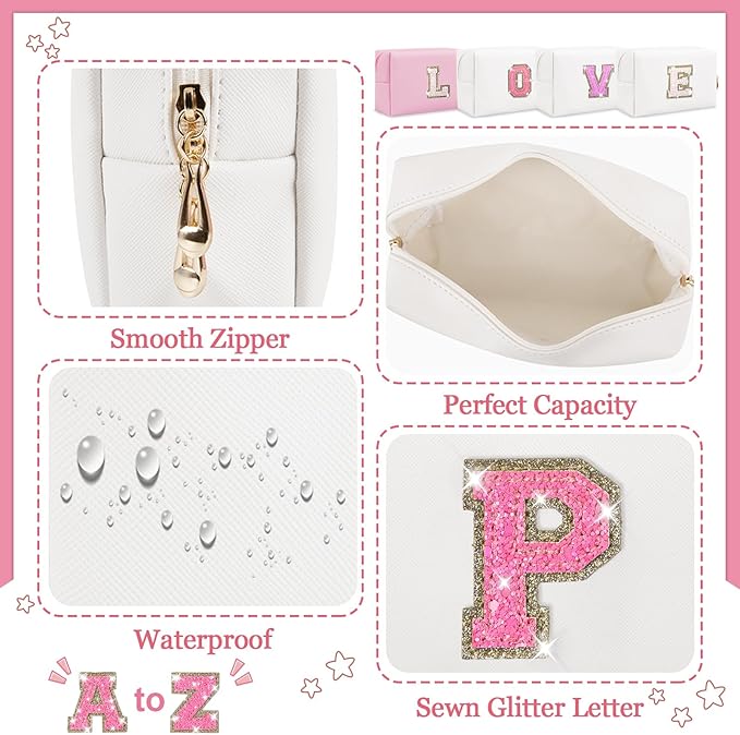 Personalized Initial Makeup Bag, Small Preppy Glitter Letter Cosmetic Pouch, PU Waterproof Zipper Travel Toiletry Bag, Unique Letter Patch Makeup Organizer Gift for Women Teen Girls