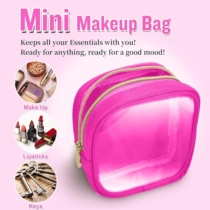 Mini Clear Travel Makeup Organizer Bag for Purse, Small Cute Makeup Bag Preppy Cosmetic Zipper Pouch Purse, Transparent PVC & Nylon Coin Pouch Sanitary Napkin Storage Bag for Women Men Girls(Hot Pink)