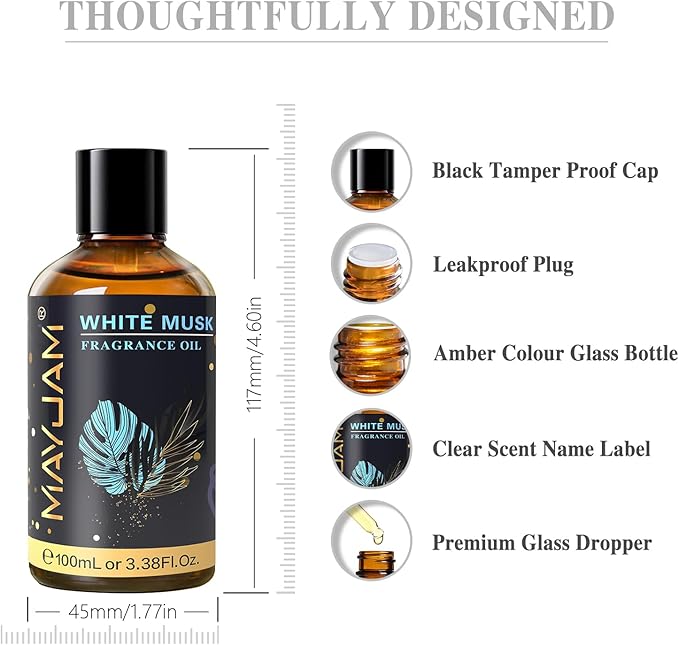 MAYJAM 100ML/3.38FL.OZ White Musk Fragrance Oils with Glass Dropper, Essential Oils for Diffusers for Home, Long Lasting Scented Oils for Diffusers Soap Candle Making
