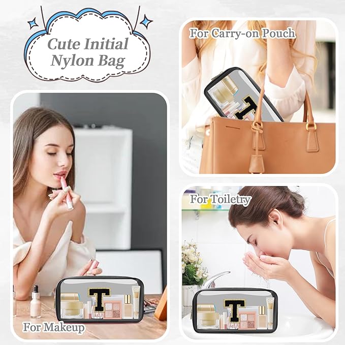 Small Clear Personalized Initial Makeup Bag, Preppy Nylon A-Z Chenille Letter Patch Makeup Organizer TSA Approved Travel Toiletry Bag,Waterproof Zip Beach Cosmetic Pouch Purse for Women(Black-Black T)