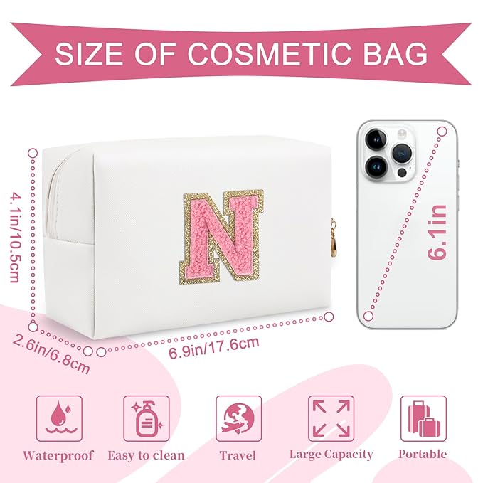 Personalized Makeup Bag Initial A-Z Preppy Patch Bag,Small PU Leather Travel Cosmetic Bag Pouch with Zipper,White Cute Toiletry Bag,Gift Ideal for Teen Girls Women Birthday Friend Mom,Letter N