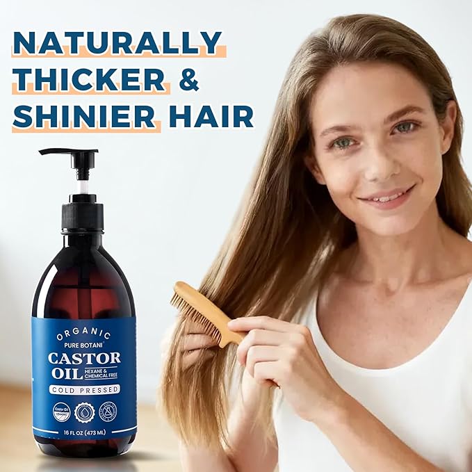 Castor Oil Organic Cold Pressed,100% Pure Hexane Free, Unrefined Natural Oil for Hair Growth, Eyelashes, Eyebrows, Skin & Body Moisturizing,16Oz
