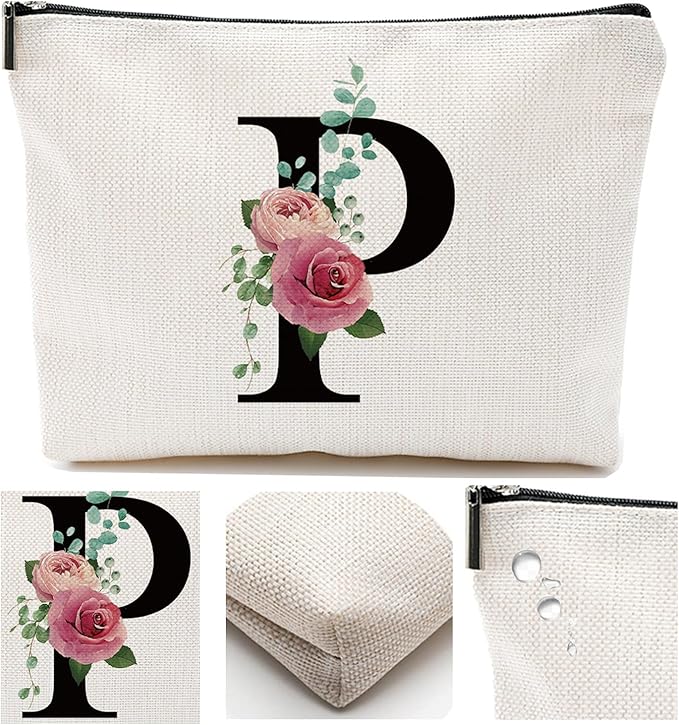 Initial A-Z Personalized Letter Makeup Bag, Monogrammed Bridesmaid Gifts/Presents Cosmetic Bag, Portable Stationery Storage Organizer Pouch, Friendship Love Travel Makeup Bags