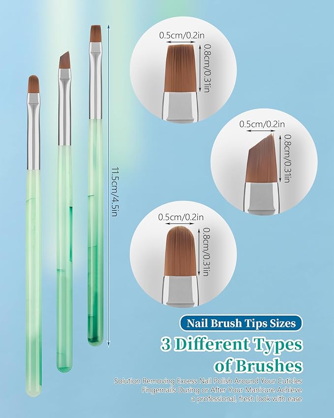 3PCS Nail Polish Clean Up Brush, Round&flat&Angled Acetone Resistant Nail Brush for OPI Nail Polish Remover, Fingernail Cleaning Brushes at Home Nail Art and Designs(Emerald Green)