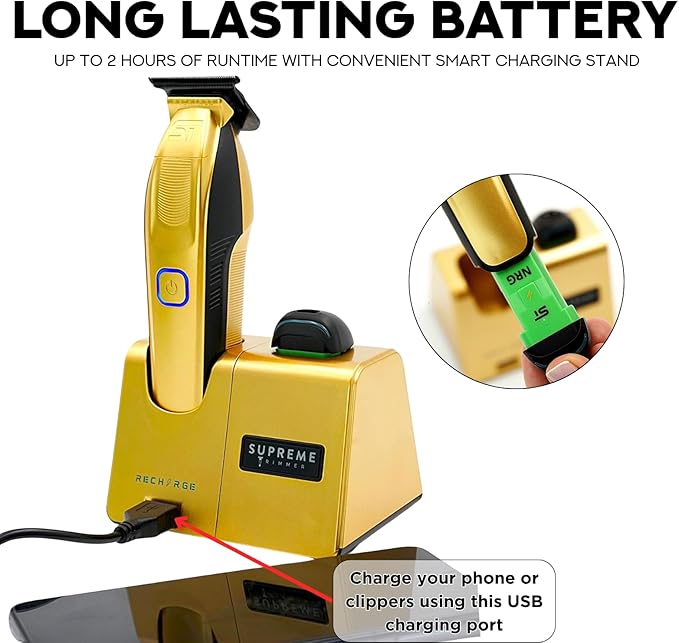 Supreme Trimmer Recharge ST777 – Professional Barber Trimmer with 2 Removable Batteries | 8000 RPM Motor, Zero Gap DLC Blades, Smart Charging Dock, USB-C Fast Charge